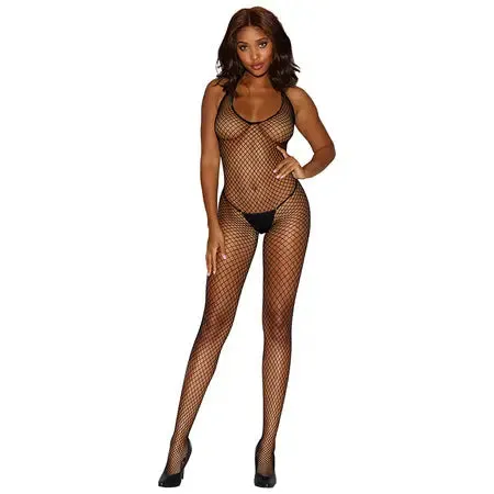 Dreamgirl International Dreamgirl DiamondNet Halter Bodystocking With Open Crotch Black OS Bodystockings Playsuits